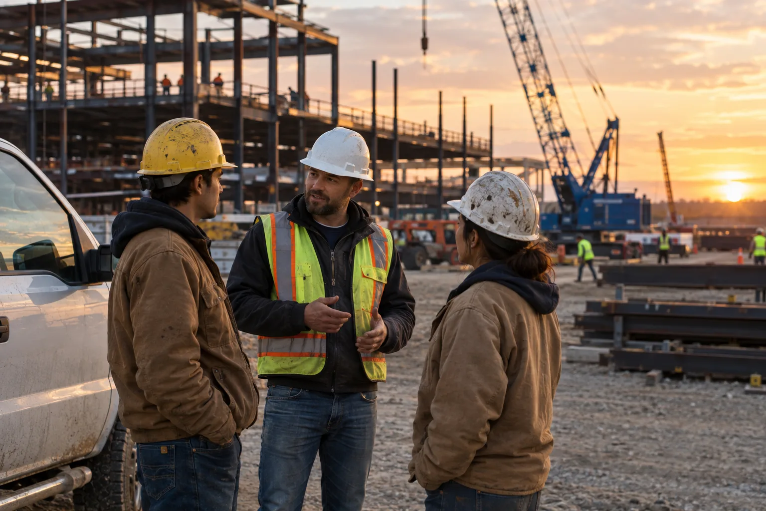 Site supervisor onboarding new crew members on a construction site at sunset