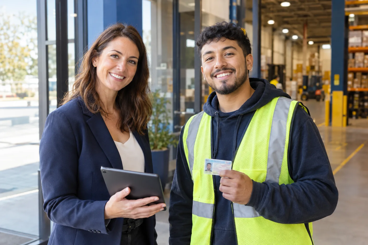 HR manager onboarding a new warehouse hire who holds up his ID